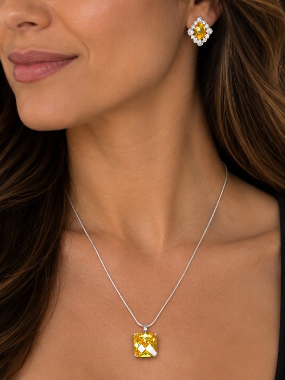 💎 Macy’s NWT Yellow Crystal Pendant Necklace & Earrings Jewelry Set